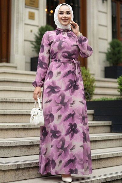 Neva Style Floral Patterned Dusty Rose Hijab Dress 279906 Gk
