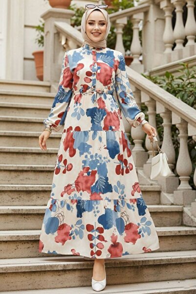 Neva Style Floral Print Plum Hijab Dress 10214Mu