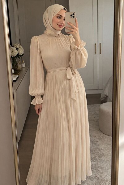 N.S NEVA STYLE فستان سهرة بيج مطوي بياقة مربوطة 79851BEJ