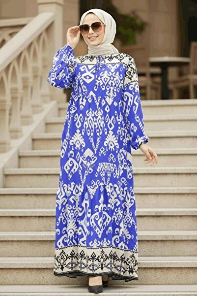 Neva Style Patterned Sax Blue Hijab Dress 17510Sx