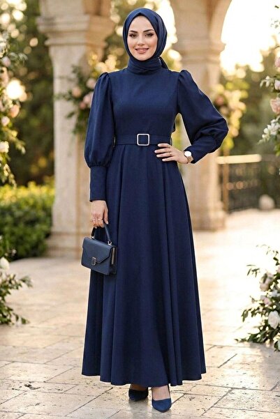 N.S NEVA STYLE Kemerli Omuz Detaylı Double Lacivert Tesettür Elbise 15602L