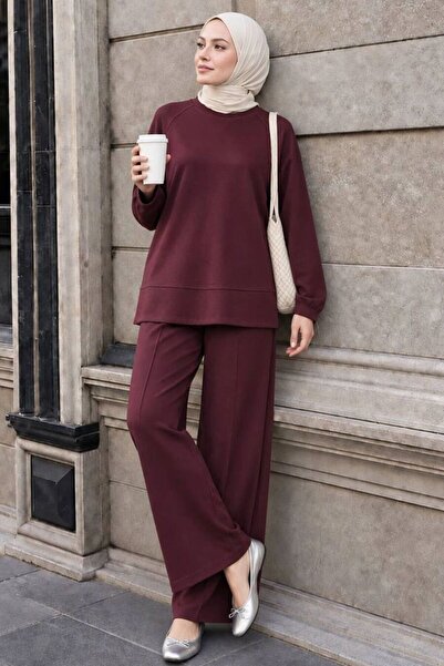 Neva Style Raglan Kol Yan Yırtmaçlı Oysho Kumaş Vizon Tesettür Pantolon Takım...