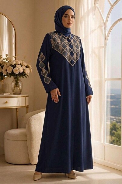 Neva Style فستان تيسريت (حجاب) باللون الأزرق الداكن مع حزام وتطريز على شكل حر...