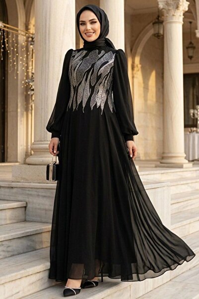Neva Style Beading Embroidered Black Hijab Evening Dress 46401S