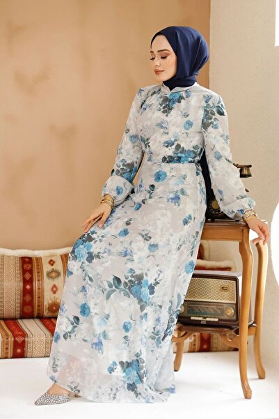 Neva Style Floral Patterned Stone Hijab Dress 27961Tas