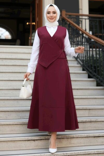 N.S NEVA STYLE Bordo Tesettür Etekli İkili Takım 75471BR