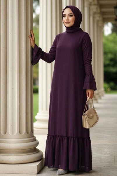 Neva Style Dark Purple Hijab Dress with Flared Sleeves 5729Kmor