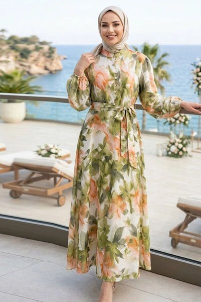 N.S NEVA STYLE Rochie hijab kaki cu model floral cu centură 5340HK