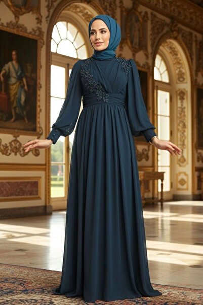 Neva Style Dantelli Lacivert Tesettür Abiye Elbise 21940L