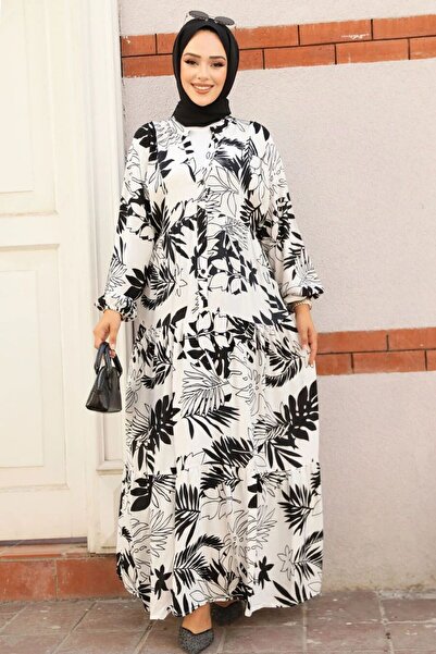 Neva Style White Patterned Hijab Dress - 23582b