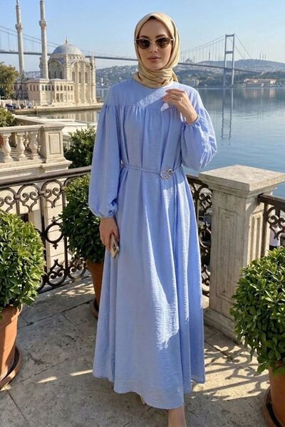 N.S NEVA STYLE فستان إسلامي أزرق بتفاصيل حزام وياقة مطاطية 5325M
