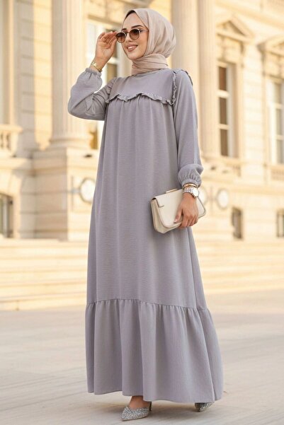 Neva Style Fırfır Detaylı Gri Tesettür Elbise 7681GR