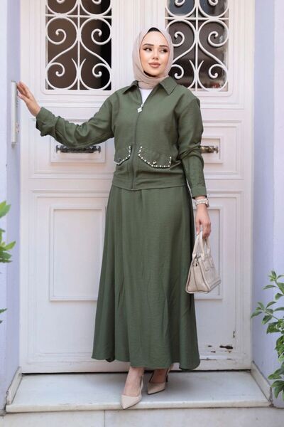 N.S NEVA STYLE Zippered Khaki Hijab Skirt Double Set 44751Hk
