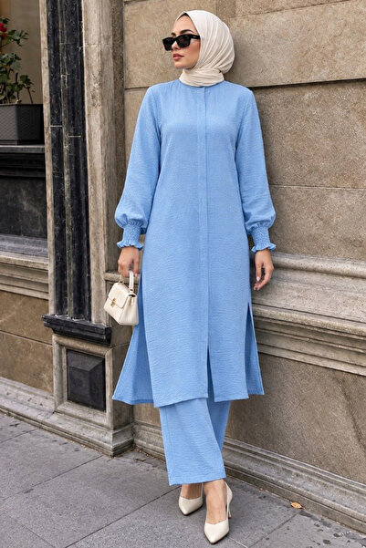 Neva Style Buttoned Baby Blue Hijab Double Set 12591Bm