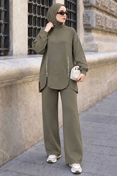 Neva Style Fermuar Cep Detaylı Oysho Kumaş Açık Haki Tesettür Pantolon Takım ...