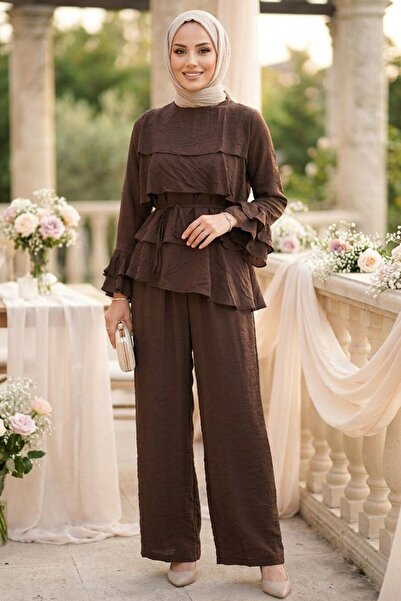 Neva Style Layered Ruffle Detailed Belted Tulle Modal Dark Brown Hijab Set 31...