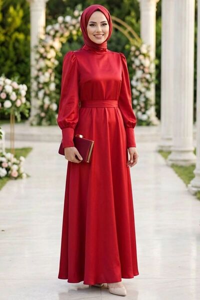 N.S NEVA STYLE Satin Red Hijab Evening Dress 23242K