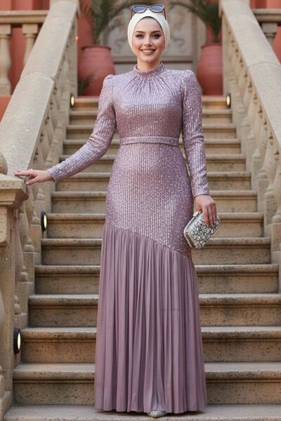 N.S NEVA STYLE Sequin Bead Embroidered Powder Hijab Evening Dress 52057Pd