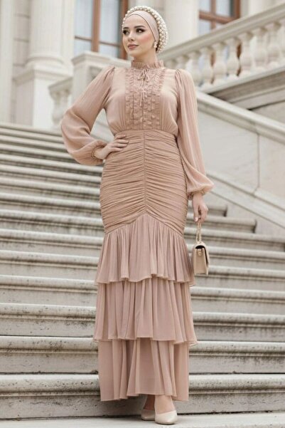 N.S NEVA STYLE Ruffle Detailed Biscuit Hijab Evening Dress 50271Bs