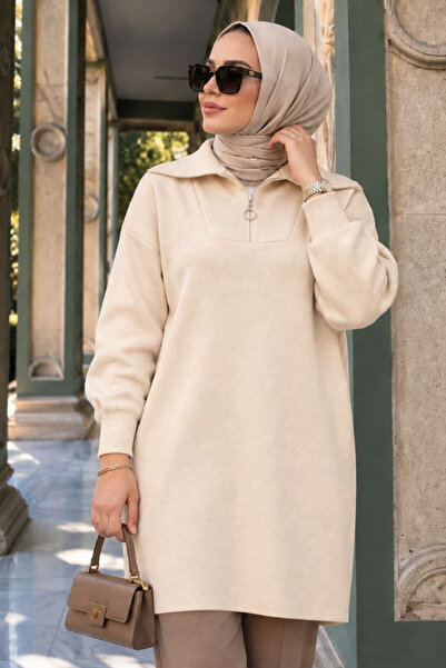 N.S NEVA STYLE سترة تريكو كريمية بسحّاب على الرقبة 10912KR