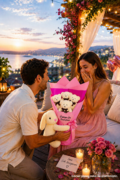 Pandamkee Sevgiliye Romantik Hediye Peluş Ayıcık Buketi ve Tavşan Hediye Seti
