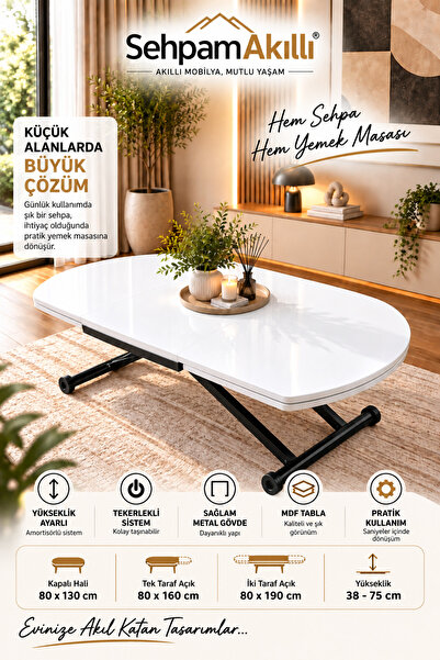 SEHPAM AKILLI Yan Baştan Açılır Yarı Oval Akıllı Yemek Masası Beyaz Mdf Tabla...