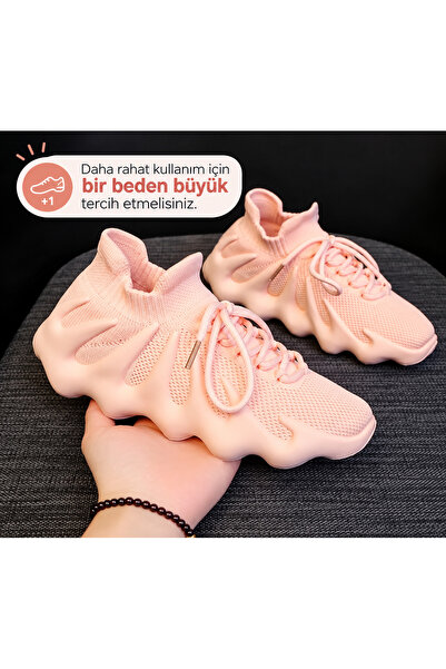 Elisay Moda YÜRÜMEK BIZIMLE GÜZEL Pembe pudra Sneaker Triko Spor  Ayakkabı 1 ...