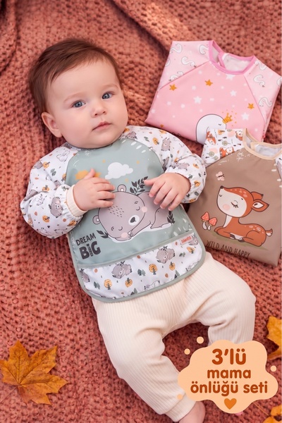 Rocha Baby طقم مريلة أطفال بأكمام طويلة مكون من 3 قطع - مزود بخطاف وحلقة، سهل...