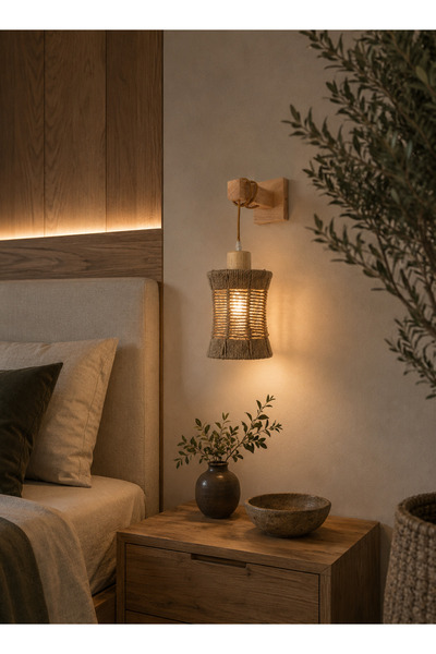 best power مصباح جدار خشبي بغطاء خيزران - تصميم أنيق 36 سم مع لمبة E27