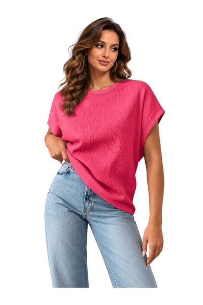Ocoza VS-1024 Matilda Pembe Dokulu Bisiklet Yaka Düşük Omuz Oversize Bluz