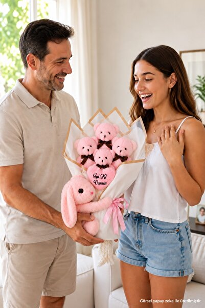 Pandamkee Sevgiliye Özel Romantik Peluş Ayıcık Buketi ve Yanında Sevimli Tavş...