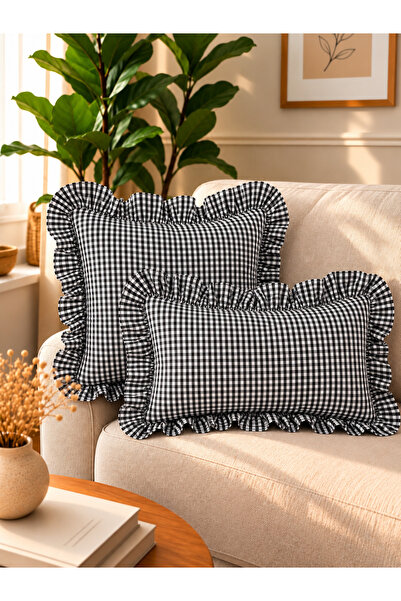 Decamor home Iris Cotton Linen Black and White Mini Gingham Ruffled Throw Pil...