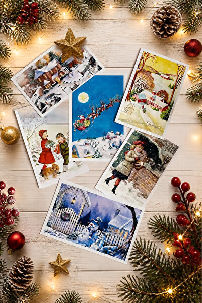 Bimotif 6lı Simli Kartpostal Seti, Yılbaşı, Noel Baba ve Geyikler