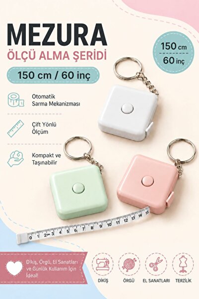 LİVA CRAFT Art & Craft 150 cm Kare Otomatik Terzi Mezurası,Çeşitli Renklerde
