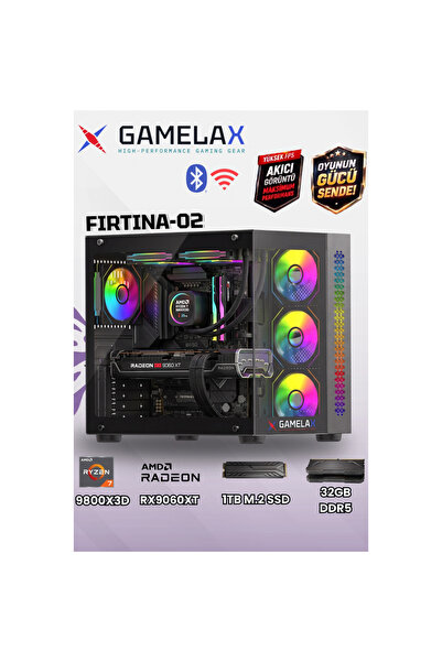 Gamelax FIRTINA-02 AMD Ryzen7 9800X3D RX9060XT 16GB 32GB DDR5 Ram 1TB M.2 SSD...