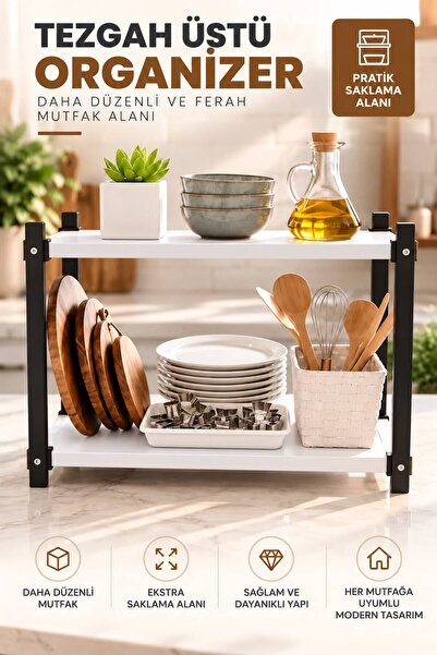 BAMBEDS MOBİLYA Metal Mutfak Tezgah Üstü Organizer 2 Yüksek Raflı Banyo Mutfa...
