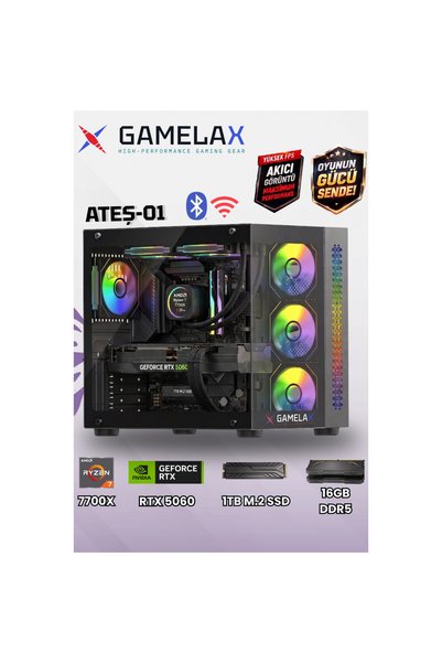Gamelax ATEŞ-01 AMD Ryzen7 7700X RTX5060 8GB 16GB DDR5 Ram 1TB M.2 SSD 240MM Sıvı Soğutma Wi-Fi Masa
