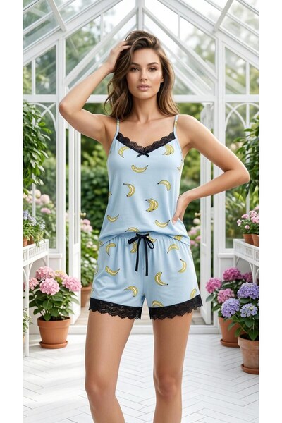 LANA HOMEWEAR BEBE MAVİSİ İP ASKILI MİNİK MUZ BASKILI YAKA VE PAÇASI DANTELLİ...