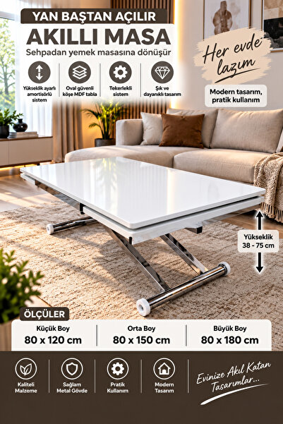 SEHPAM AKILLI Yan Baştan Açılır Akıllı Yemek Masası Beyaz Oval Köşe Mdf Tabla...