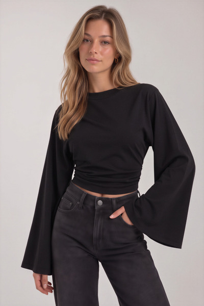 Nika Fashion İspanyol Kol Bele Oturan Pamuklu Bluz