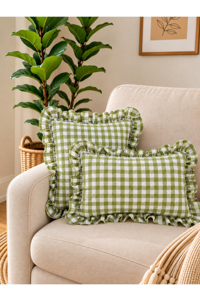 Decamor home Lina Vintage Fırfırlı Pötikareli Keten Açık Yeşil Kırlent Kılıfı...