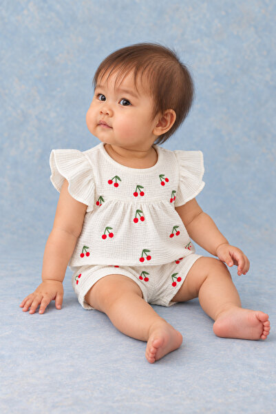 Rocha Baby Cherry Embroidered Ruffled Muslin Baby Girl Set