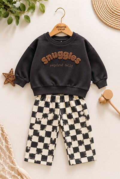 dinamik çocuk Erkek Bebek Snuggles Nakışlı Sweatshirt Damalı Pantolon 2'li Al...