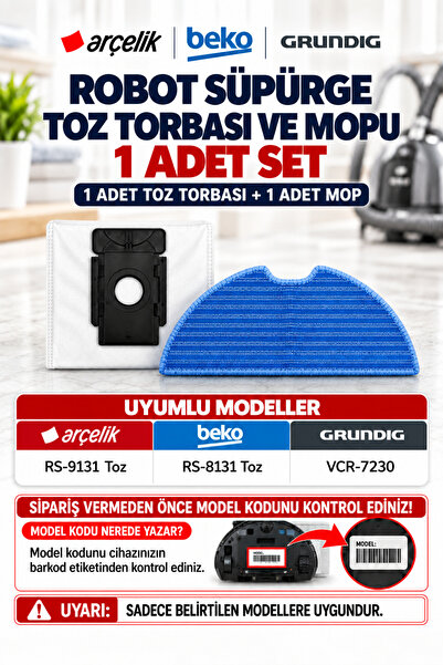 Arçelik Orijinal RS/9131 , VCR/7230 , RS/8131 Robot Süpürge Toz Torbası Ve Mo...