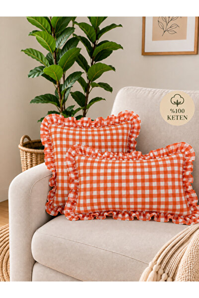 Decamor home Lina Vintage Keten Pötikareli Fırfırlı Kırlent Kılıfı Turuncu