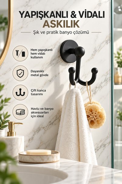 UG Home Siyah Çatal Bornozluk Askı Havlu Askısı