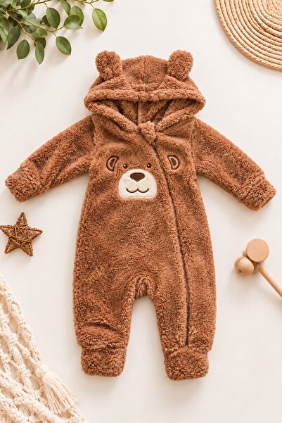 dinamik çocuk Baby Boy Jumpsuit Welsoft Sweet Teddy Bear Embroidered Plush Ho...