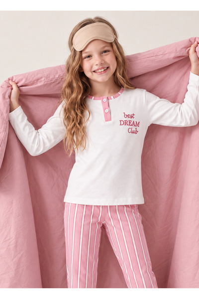 vitmo Girl's Long Sleeve Button Detailed 100% Cotton Pajama Set Best Dream