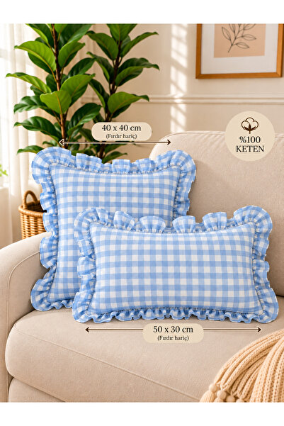 Decamor home Lina Vintage Gingham Linen Ruffled Throw Pillow Cover Blue