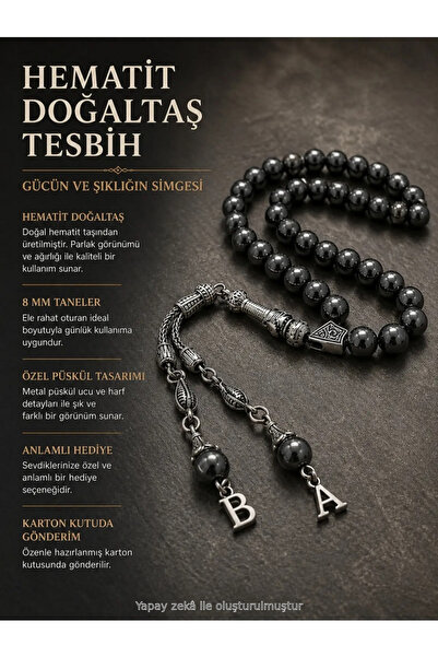 QELA COLLECTION Kişiye Özel Harfli Hematit Tesbih Küre Kesim – Harfli – Karto...